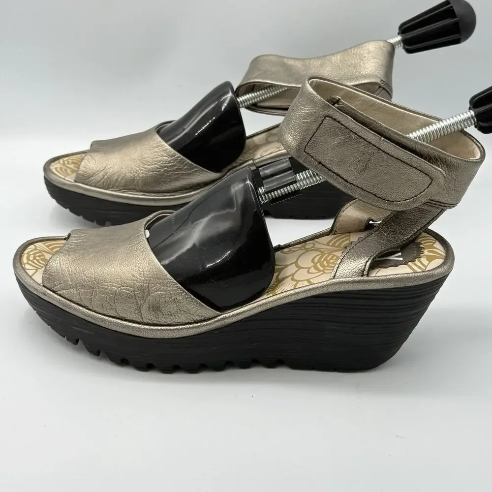 Fly London YULA SIZE 6.5/37 Wedge Metallic Silver Ankle Strap Leather Shoes